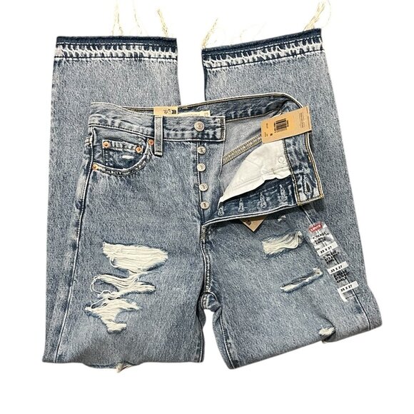 Levi's Ribcage Light Blue Cotton High Rise Ripped Jeans Size: 25 x27 - Picture 5 of 11